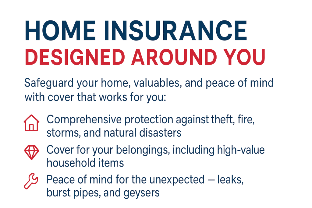 Home insurance banner with headline 'Home Insurance Designed Around You' in red and blue, showcasing icons for theft, fire, storms, natural disasters, protection for valuables, and coverage for leaks and burst pipes