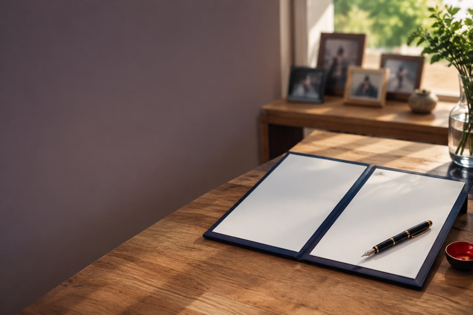 Will-planning folder and fountain pen in a family home