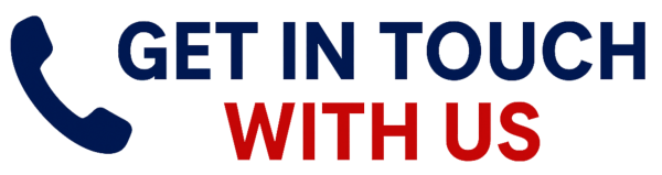 Blue phone icon with text Get in Touch With Us in bold blue and red letters, contact banner for customer support and inquiries